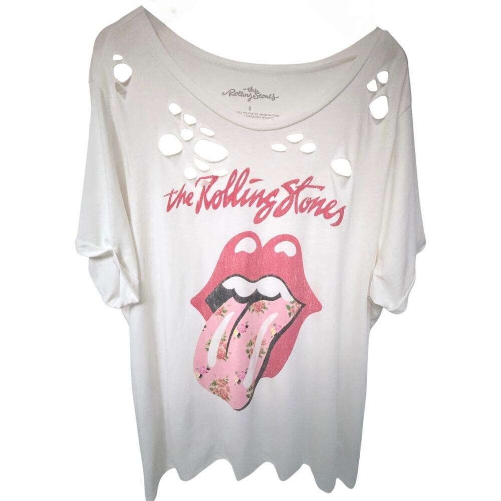 The Rolling Stones Floral Tongue Distressed Graphic T-Shirt Women's Size 3